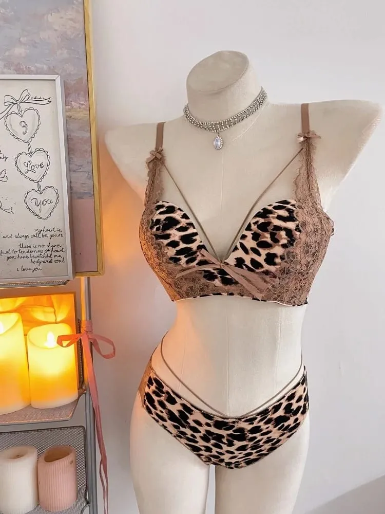 New Sexy Leopard Print Deep V Push Up Bra Lingerie Set for Women Small Bust Push Up Effect Anti Ptosis Daily Wear 32-38 Bra Set — image 3