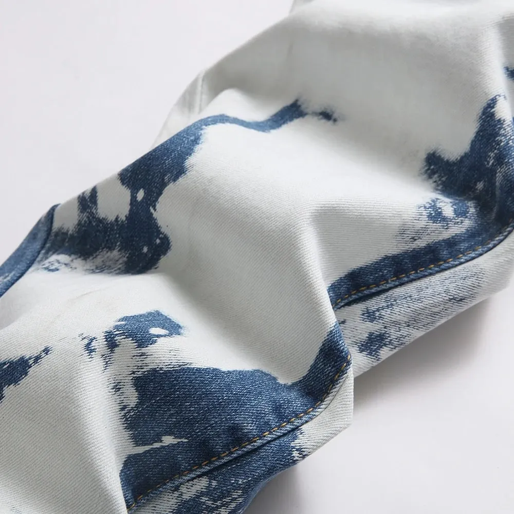 Celana Jeans Melar Melar Ramping Pria Celana Denim Dikelantang Pakaian Jalanan Celana Panjang Katun Biru Terbang Kancing Kasual — image 4