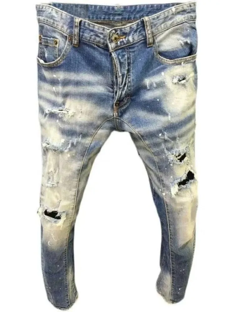 New Men's Ripped Jeans Distressed Elastic Slim Pencil Fit Denim Pants Paint Splatter Streetwear Y2K High Street Biker Trousers — image 4