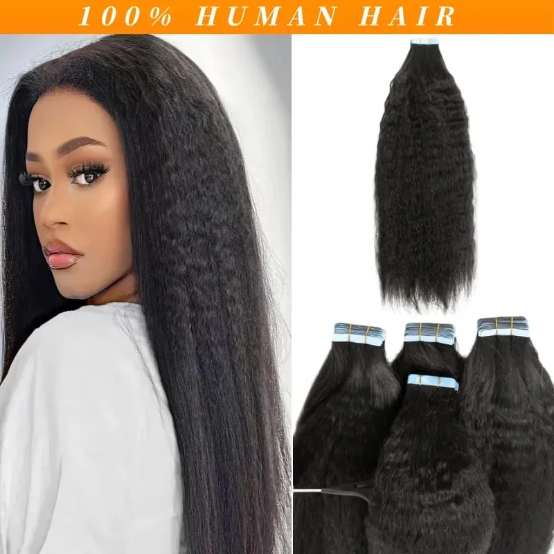 Human Hair Kinky Straight Tape in Extensions Remy Cuticle Yaki Tape in Hair Extensions 12-26 inch 20pcs Pack