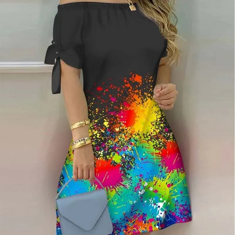 Kadınlar için açık omuzlu Mini Elbise Yaz Seksi Kısa Kollu Papyon Çizgili Çiçek Baskı Elbiseler Moda Rahat Gevşek Elbise — image 18