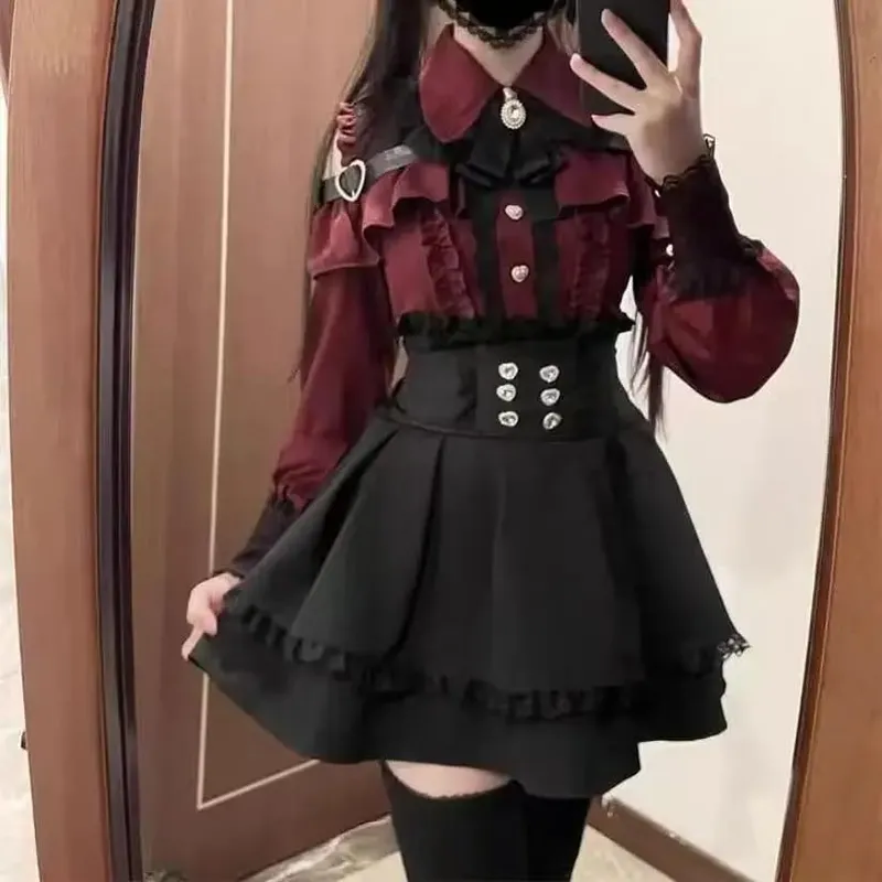 Sweet Lolita Style Lace Pearl Cute Print Shirt Dresses Japanese Kawaii Bow Dress Set Gothic Y2k Tea Party Women Dress 2025 New — image 4