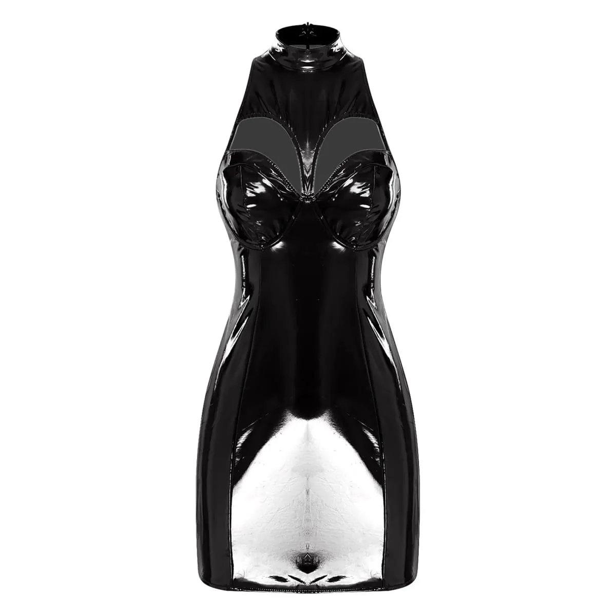 Womens Wet Look PU Leather Mini Dress Mock Neck Sleeveless Hollow-out Push-up Bra Bodycon Tube Dress Clubwear for Raves Party
