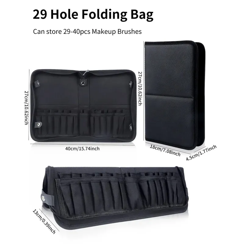 High Quality 14/23/29 Holes PU Cosmetic Makeup Brushes Pouch Portable Black Waterproof Oxford Beauty Brush Bag Organizer — image 9