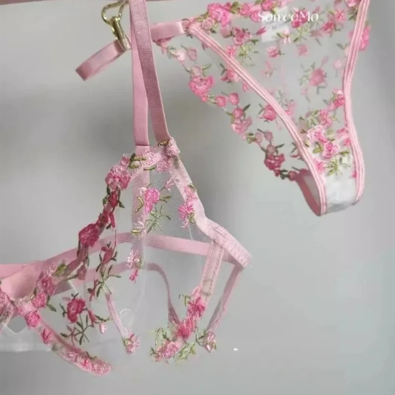 Vintage French Maid Sexy Lingerie Floral Embroidery Heavy Lace See-Through Set 32-38 AB Comfortable Plus Size Underwear MOYISU — image 1