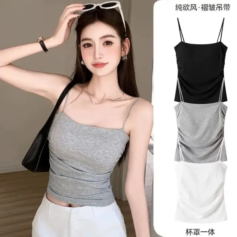 Summer Korean Women Spaghetti Strap Crop Top With Bra Bodycon Sleeveless Cami Tube Top Basic Camisoles Y2K Sexy Tank Tops — image 1