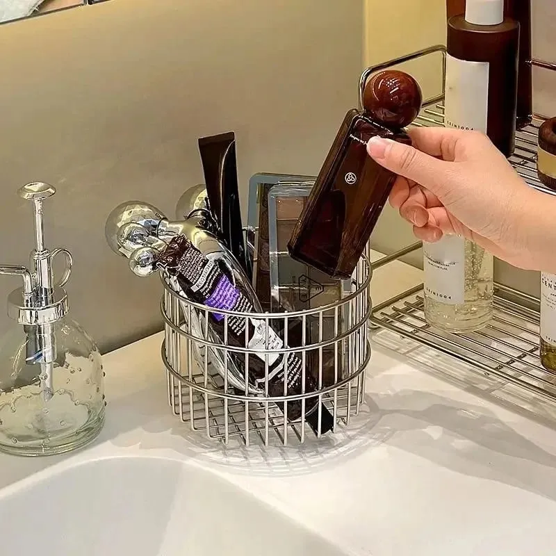 Stainless Steel Round Makeup Brushes Storage Basket Cosmetic Tools Organizer Multifunctional Perfume Lipstick Makeup Tool Holder — image 6