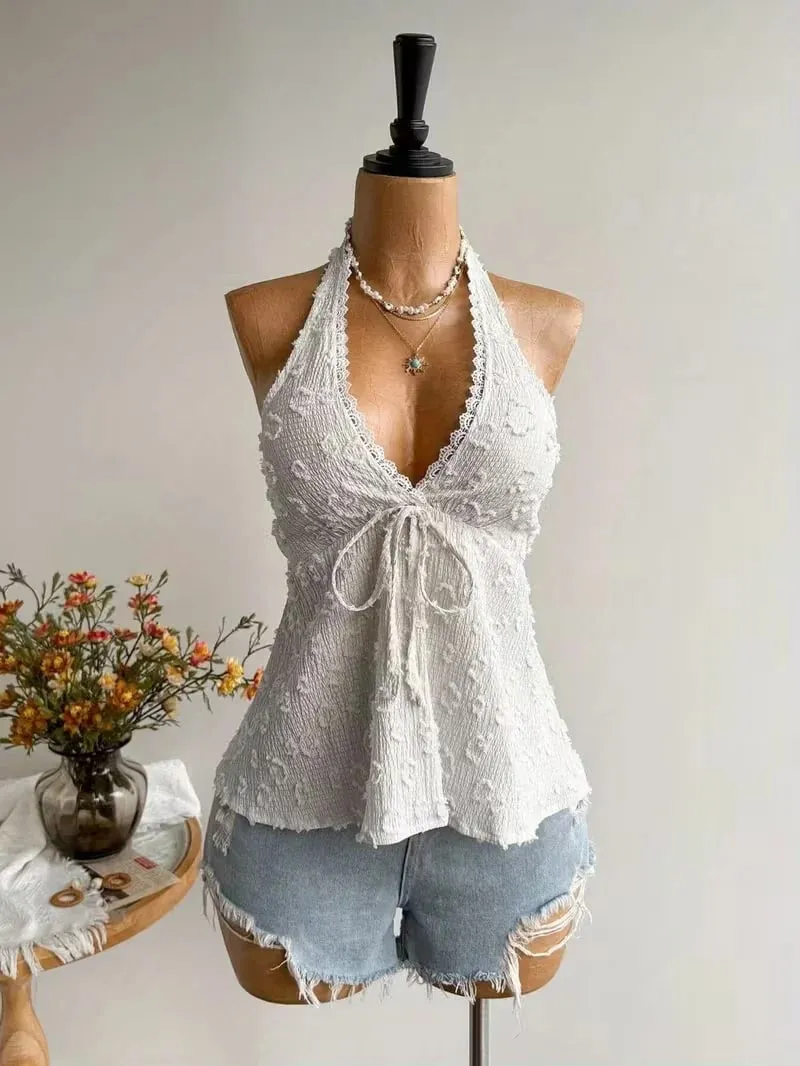 Ladies' Summer V-neck Lace Neck Strap Off Shoulder Leisure Vacation Easter Beach Wear Music Festival Top — image 7