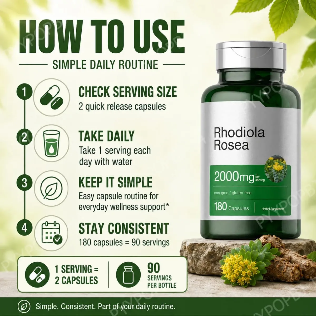 Rhodiola Rosea Root Extract 2000mg Equivalent Herbal Dietary Supplement 180 Capsules — image 7