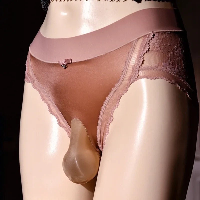Silky Men's Panties Lace Satin Erotic Underwear Soft Ultra Thin Briefs Sissy Feminization Lingerie Back Transparent Underpants