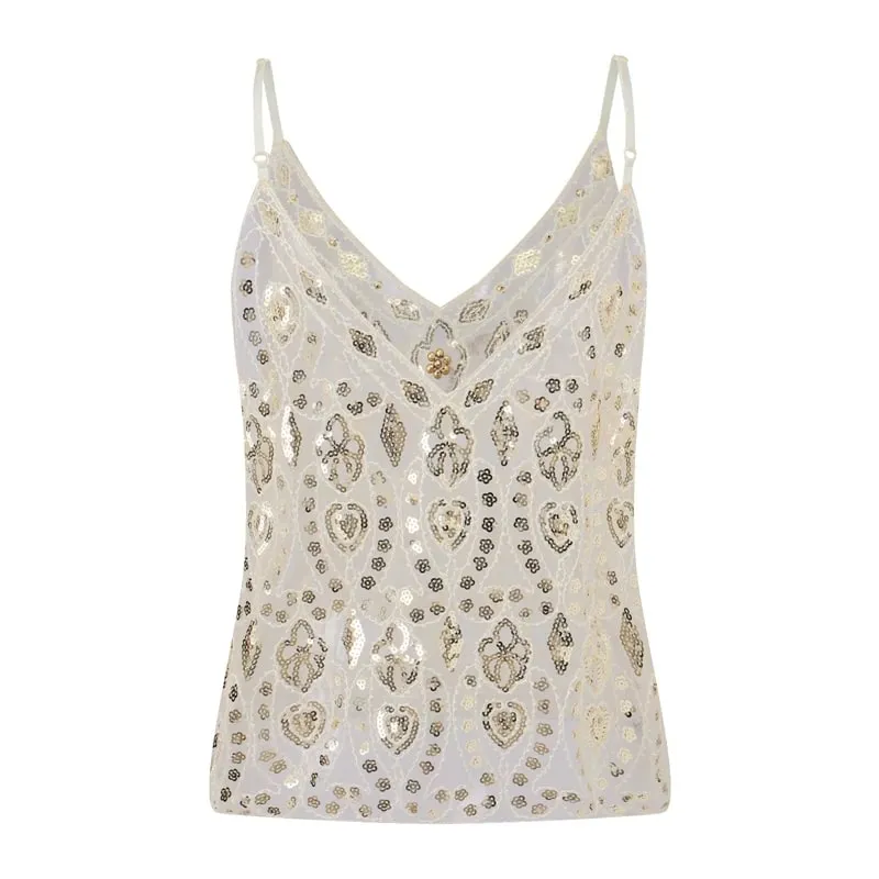 Floral Geometric Sparkly Tank Tops Women Sheer Mesh Sequin Camis V Neck Spaghetti Strap Y2K Club Night Out Festival Party Vest
