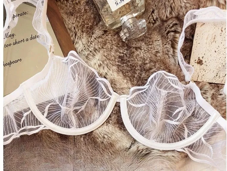 French Floral Embroidery Lace Bra Set For Women Ultra Thin Sheer Minimizer Bra Hollow Out Lingerie Brassiere Lightweight Fabric