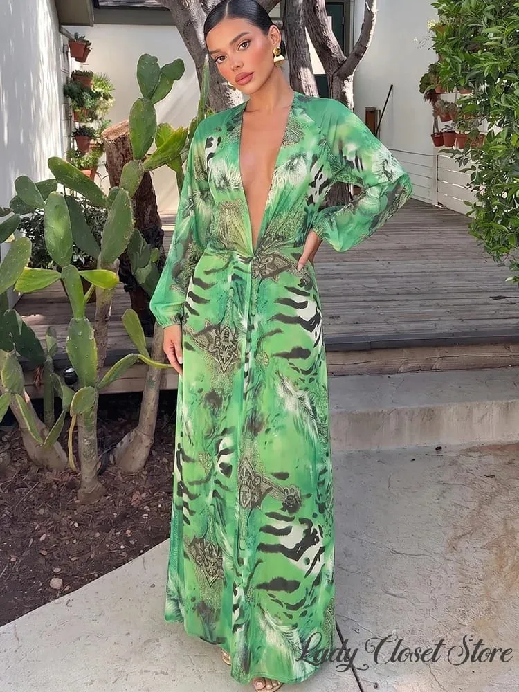Woman Tiger Stripe Print Deep V-neck Dress Sexy Backless Long Sleeve Dresses 2026 Summer Vacation Beach Party Elegant Vestidos — image 4