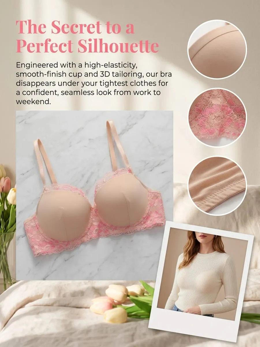 Women's Push Up Bra Set with Eyelash Lace Set Trim High Elasticity Smooth Cup 3D Tailoring Invisible Underwear Set B2631 — image 5