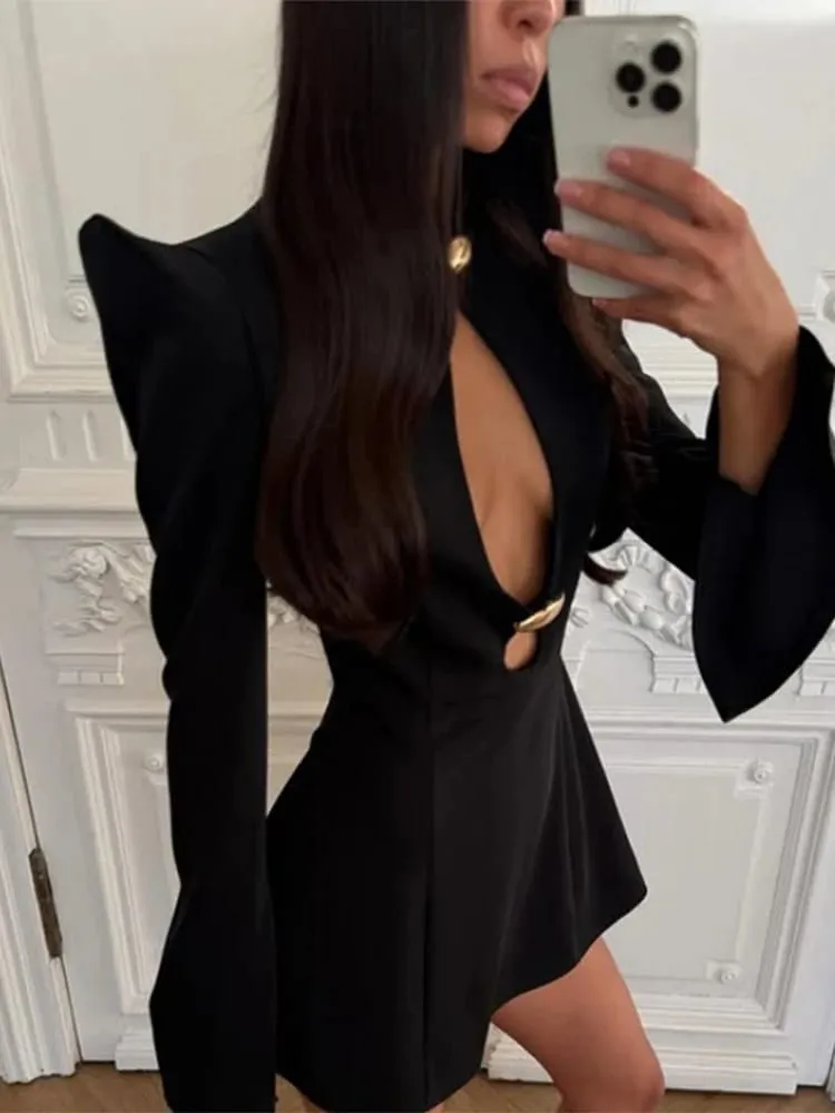 Black Hollow Out Mini A-line Dress Women Sexy Round Neck Full Sleeve Waist Cinching Short Dresses 2025 Lady Chic Party Club Robe — image 5
