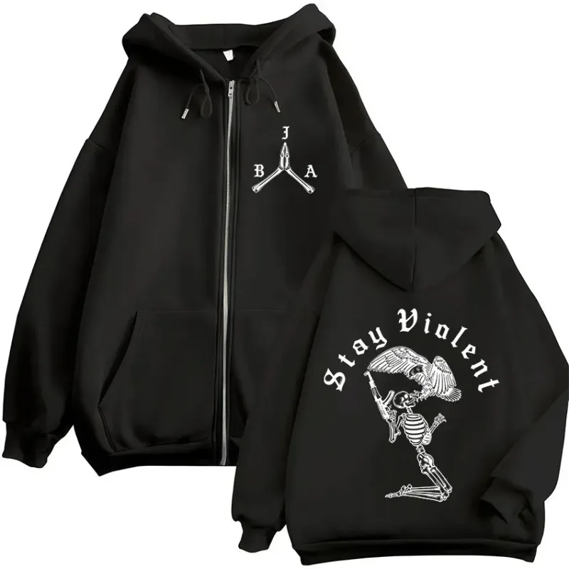 Stay Violent Brothers in Arms Skeleton Printed Zipper Hoodies Men Women Zip Up Hooded Sweatshirts Vintage Pullovers Jackets Coat
