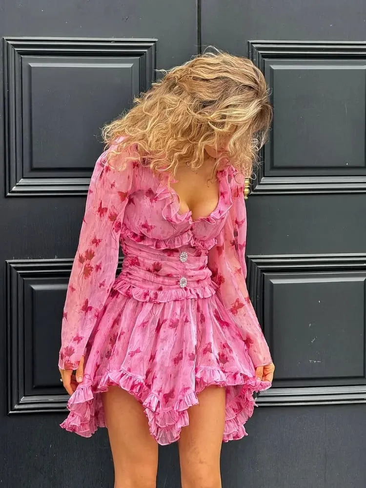 Women Elegant Floral A-line Pleated Dress Sexy Long-sleeved Waist Cinching Ruffle Mini Dresses 2026 Lady Vacation Street Gowns — image 5