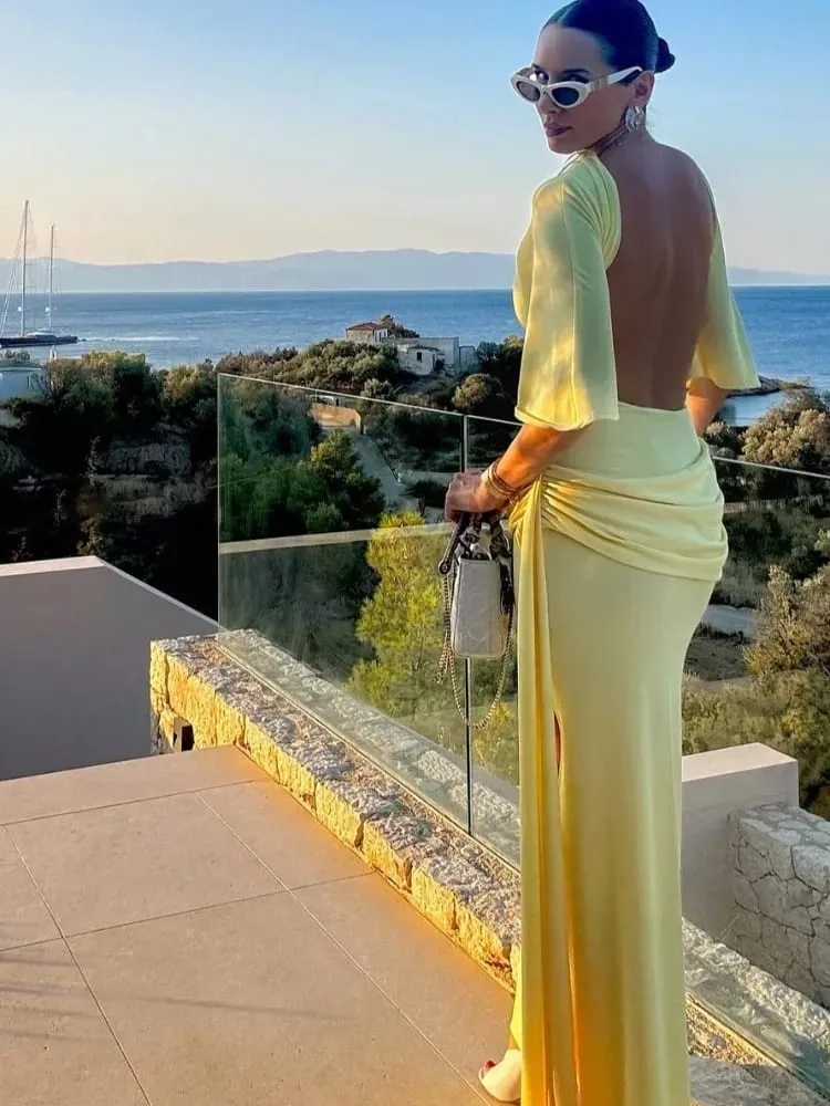 Women's Solid Yellow Backless Maxi Dress Elegant Split Slim Fit Pleated Half Sleeve Long Dresses 2025 High Street Summer Gowns — image 6