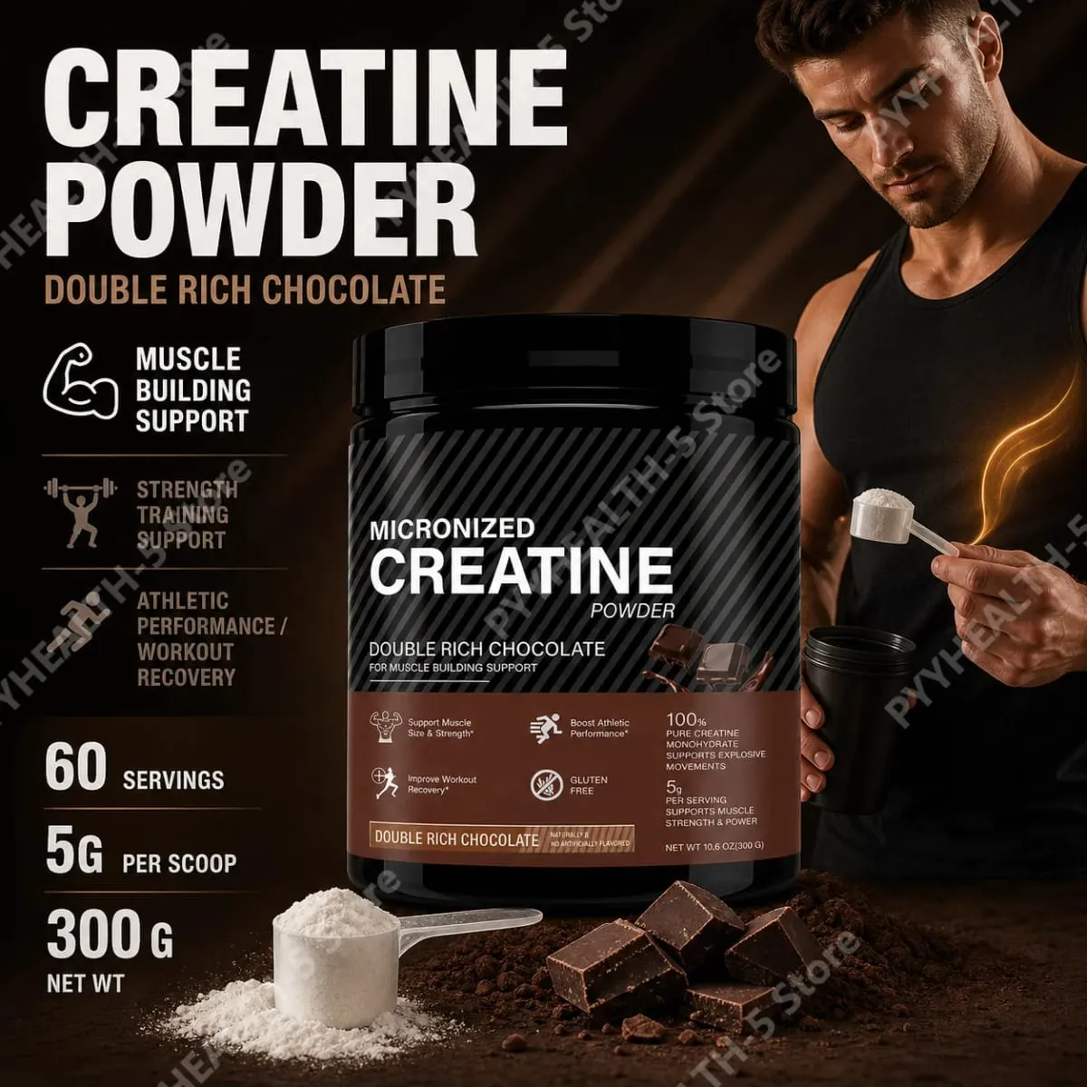Creatine Monohydrate Powder 10.6 OZ Chocolate Flavor Sports Nutrition Support Athletic Performance Post‑Workout Muscle Recovery — image 2