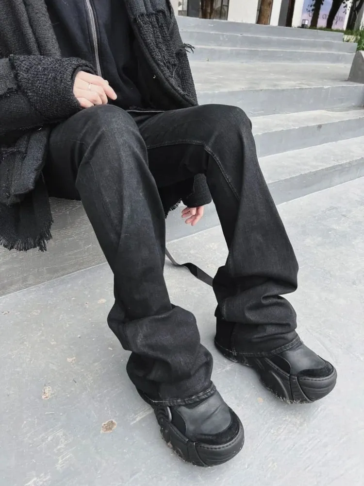 Mens Jeans Harajuku American High Street Streetwear Wax Coated Denim Pants Dark Style Micro Flared High Stretch Slim Fit Retro — image 3