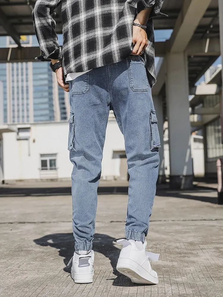 กางเกงยีนส์ Jogger ผู้ชายล้างผ้าฝ้ายยืดเล็กน้อยหลายกระเป๋ากางเกงยีนส์กางเกงคาร์โก้เอเชียขนาด L-6XL