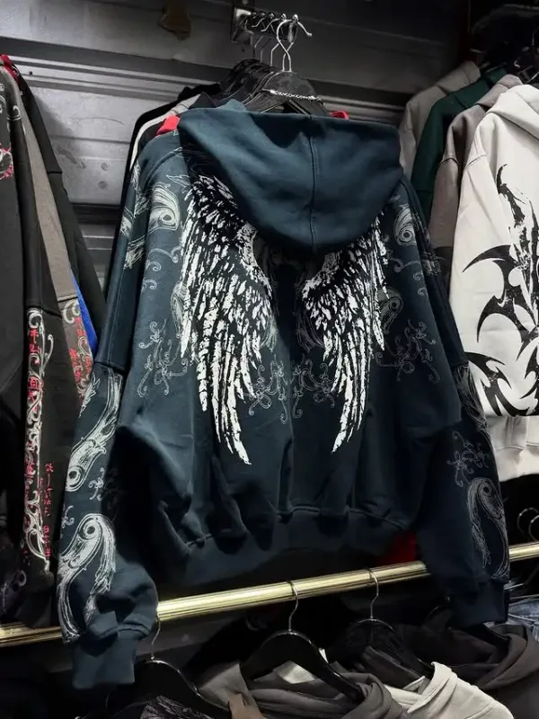 Mens Zip Up Hoodie Dark Blue Wings Print Unique Graphic Y2K Streetwear American Urban Pullover Youth Clothing Hooded Sweatshirt — image 4