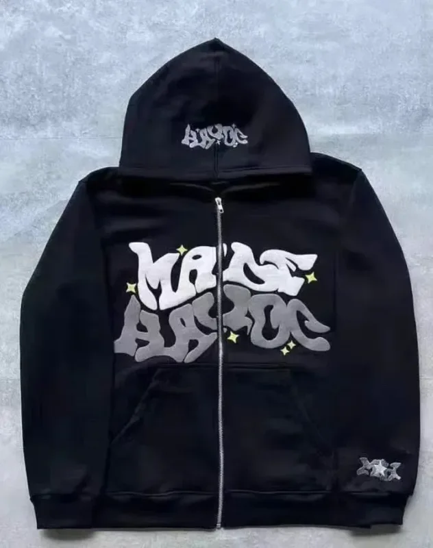 Zipper hooded sweatshirt with retro American letters suitable for men and women wearing Y2K jacket autumn/winter cardigan — image 14