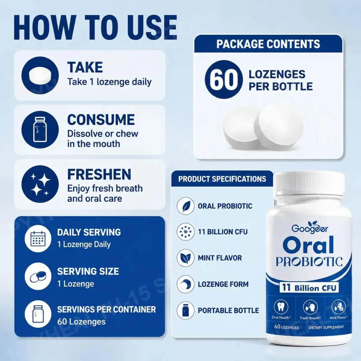 Googeer Oral Probiotic Lozenges 11 Billion CFU Mint Flavor Supports Oral Gum Throat Health and Fresh Morning Breath 60 Lozenges — image 5