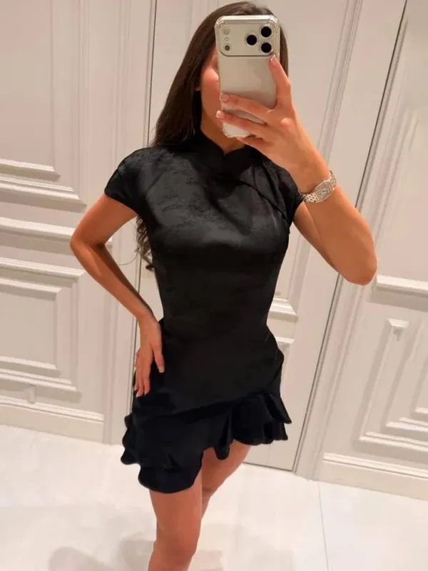 Solid Polka Dot Women's Mini Dress Deep V Neck Puff Sleeve Pleated Front Button A-line Short Dresses Elegant Party Lady Gown — image 9