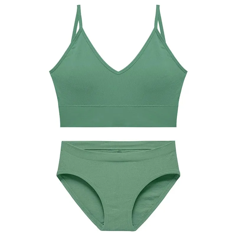 Women's Seamless Ribbed Bra and Panty Set 2 Piece Spaghetti Strap Crop Top High Stretch Lingerie Set with Removable Pads — image 9