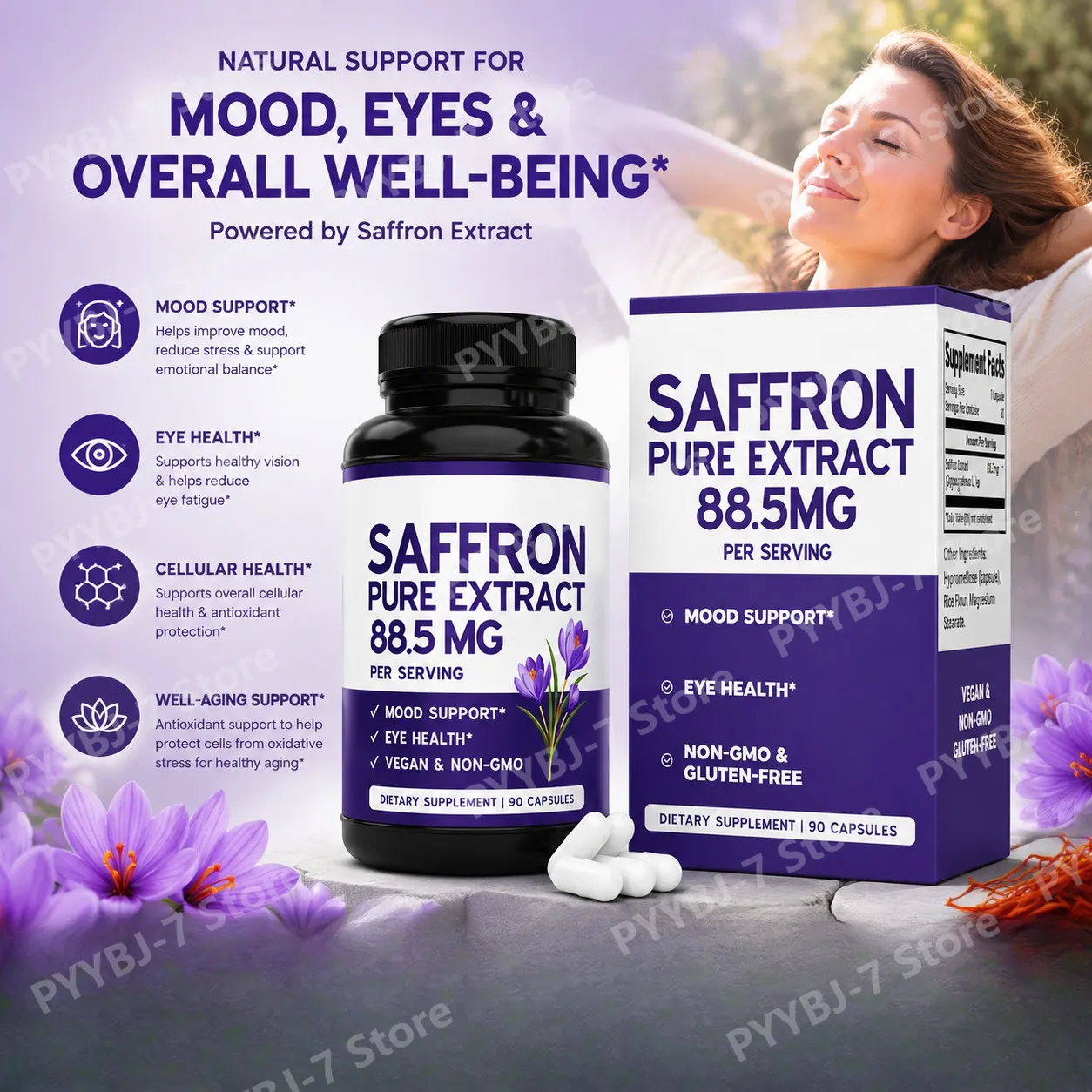 Saffron Extract Capsules 90 Count for Mood Energy and Eye Health Support Vegan Non GMO Gluten Free Dietary Supplement — image 1