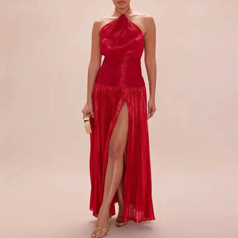 Gold Sexy Halter High Split Gowns Evening Dress Woman Chic Solid Hollow Pleated Long Dress Spring Summer Backless Zip Maxi Dress — image 14