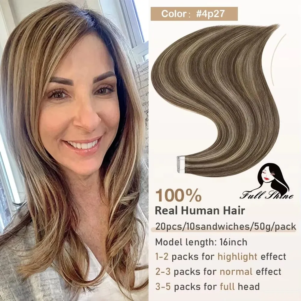 Full Shine Tape in Hair Extensions 20Pcs Skin Weft Remy Straight Hair Glue on Brazilian Hair for Women