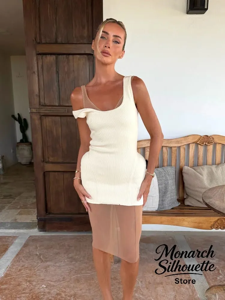 Solid Knit U Neck Mesh Mini Dress Women Chic Sleeveless Ribbed Tank Minimalist Slim Short Dresses Lady Club 2026 Arrival Gown — image 3