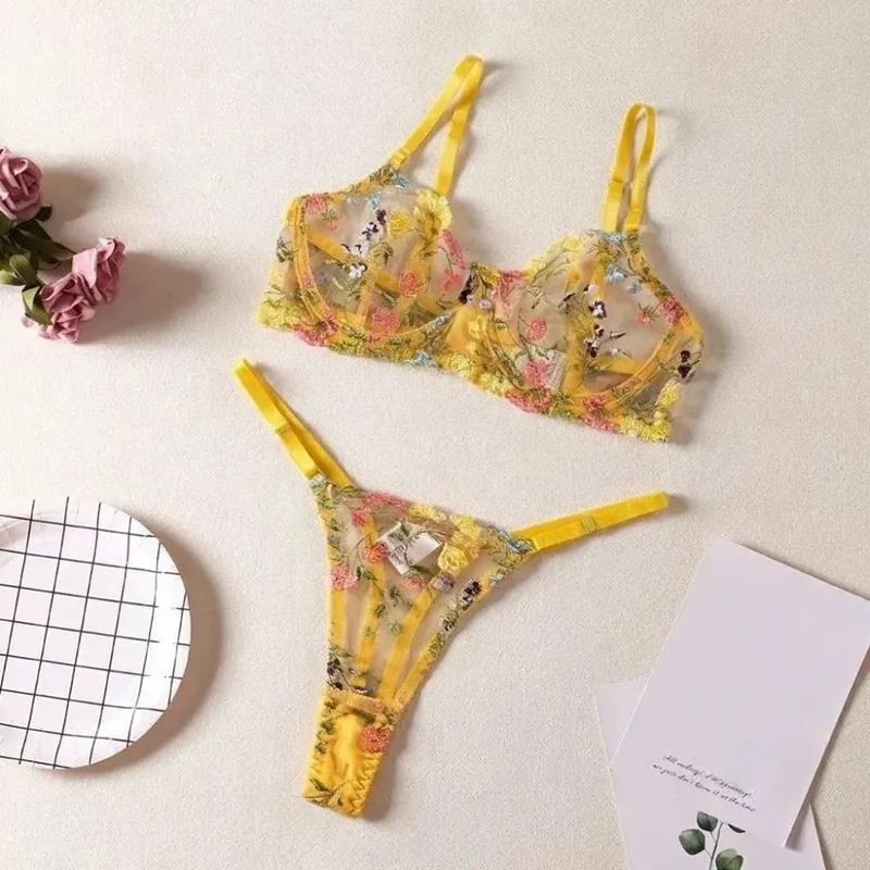 2-Piece Fashion Floral Lingerie Set Embroidery Versatile Underwear Intimates Underwire Push-up Sheer Bra Panty Set For Lady Girl