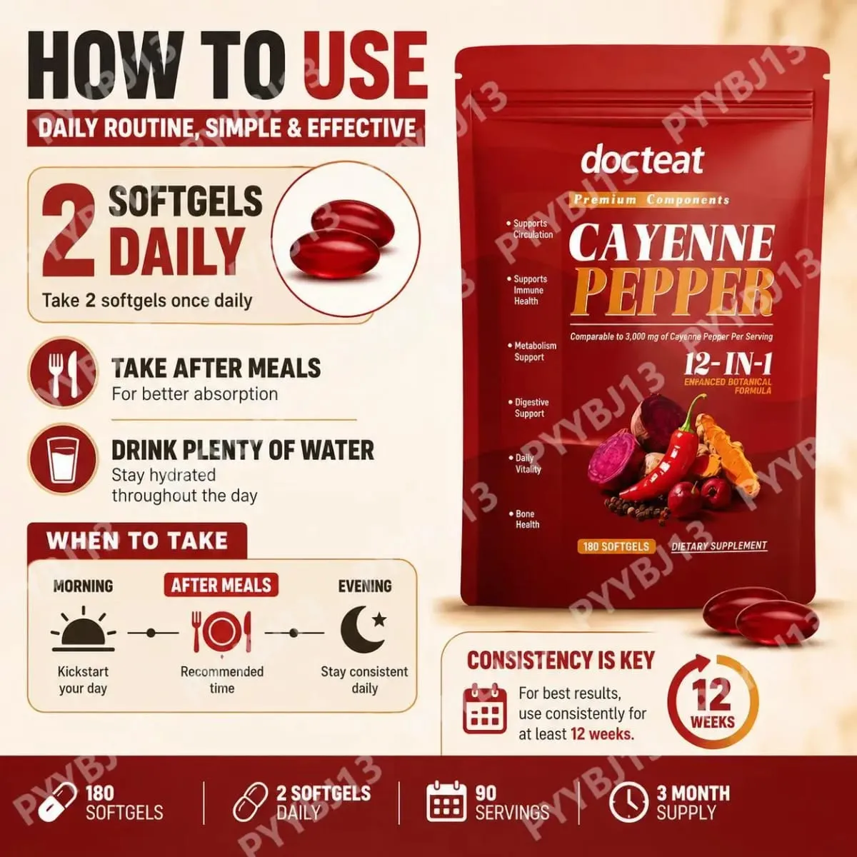 Docteat Cayenne Pepper Softgels with Vitamin D3 and K2 Energy Metabolism and Digestive Support Antioxidant Defense 180 Softgels — image 5