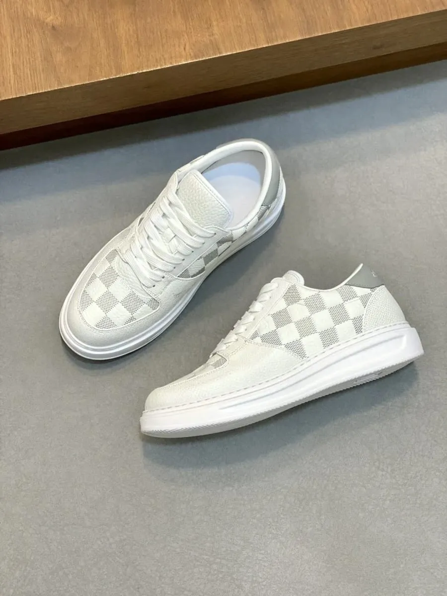 Grain Leather Low‑Top Skate Sneakers Grey White Checkerboard Print Patchwork Non‑Slip Rubber Sole Minimal Versatile Daily Walking Shoes