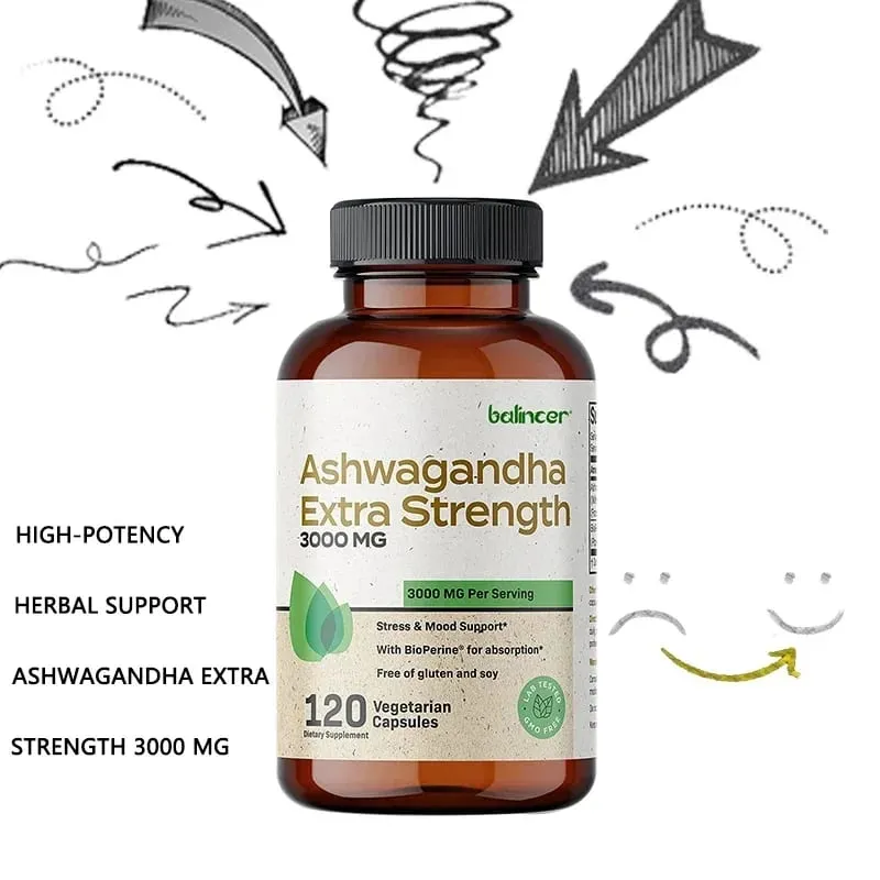 천연 Ashwagandha 스트레스 및 기분 완화 허브 채식 KSM-66 캡슐 항불안 스트레스 완화 두뇌 건강 — image 4