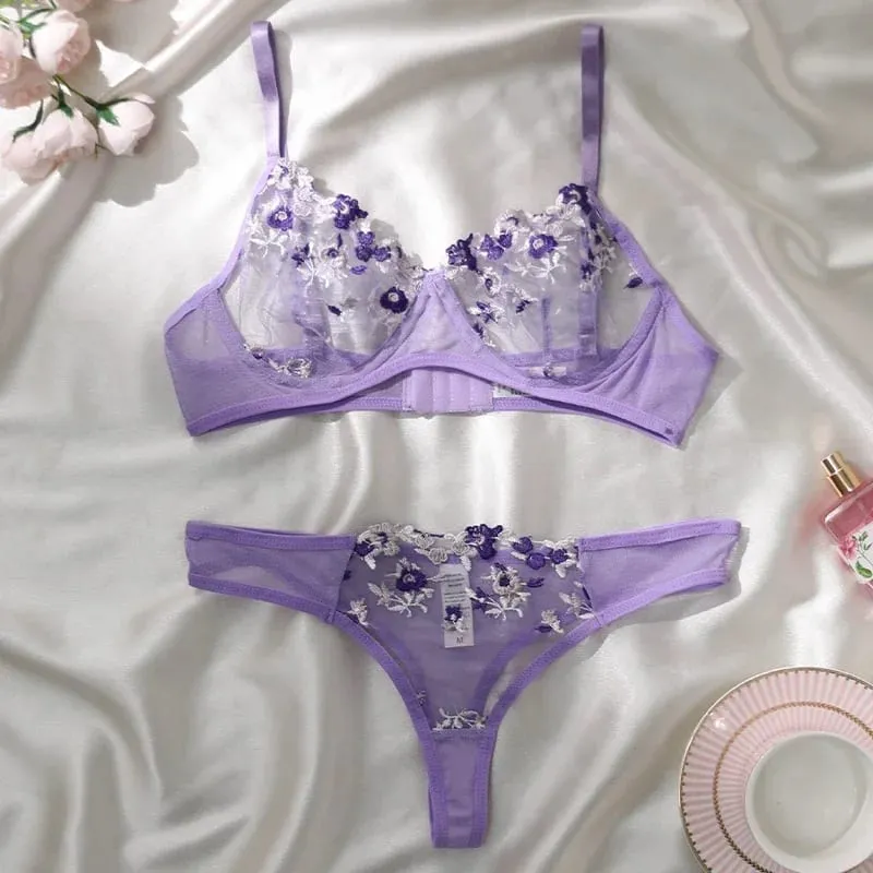 Purple Fancy Lingerie Set Women Embroidered Flower Bra and Panty Underwear Female Outfits — image 16