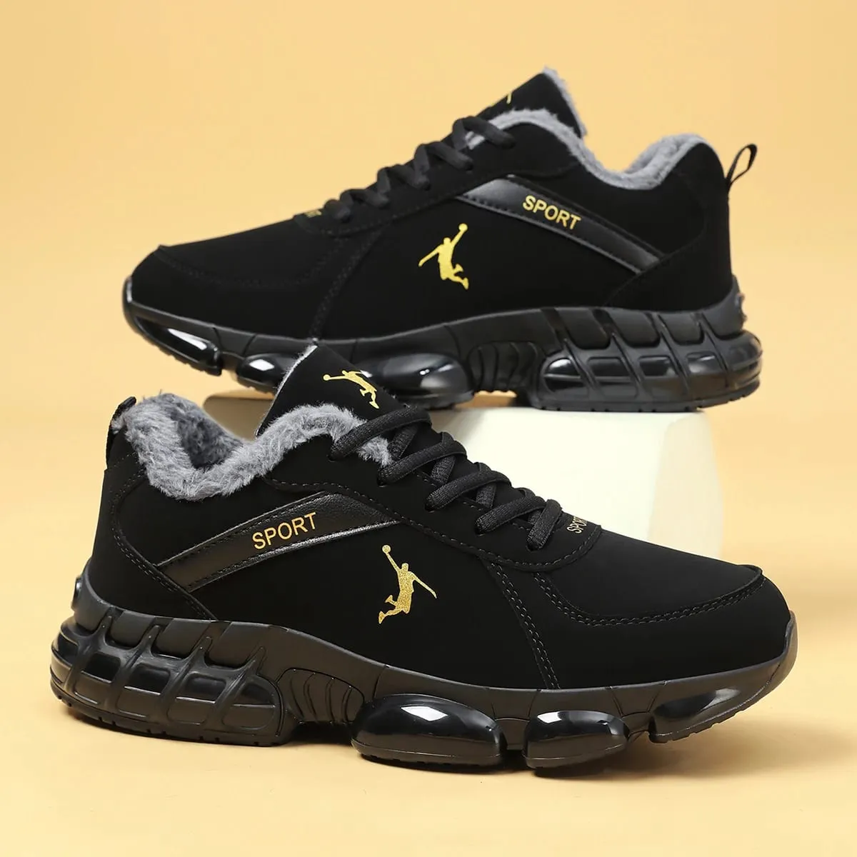 Men Winter Warm Plush Lined Sneakers Air Cushion Thick Sole Non‑Slip Lace‑Up Casual Sports Shoes Outdoor Walking Snow Shoes