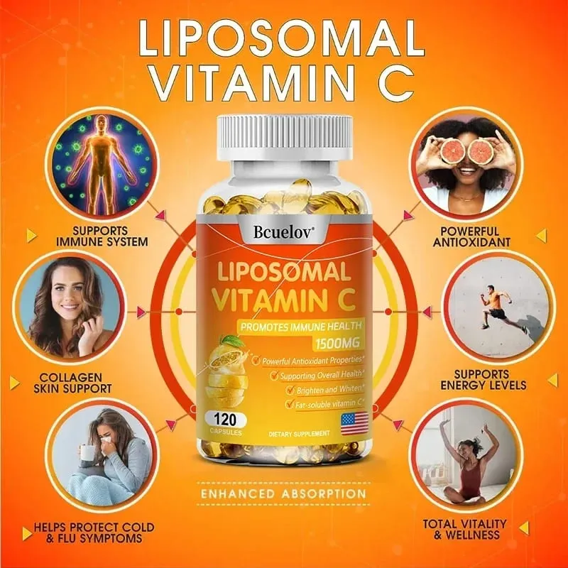 Capsules de vitamine C liposomale, puissant antioxydant, favorise la production de collagène, soutient la santé de la peau, 1500 mg