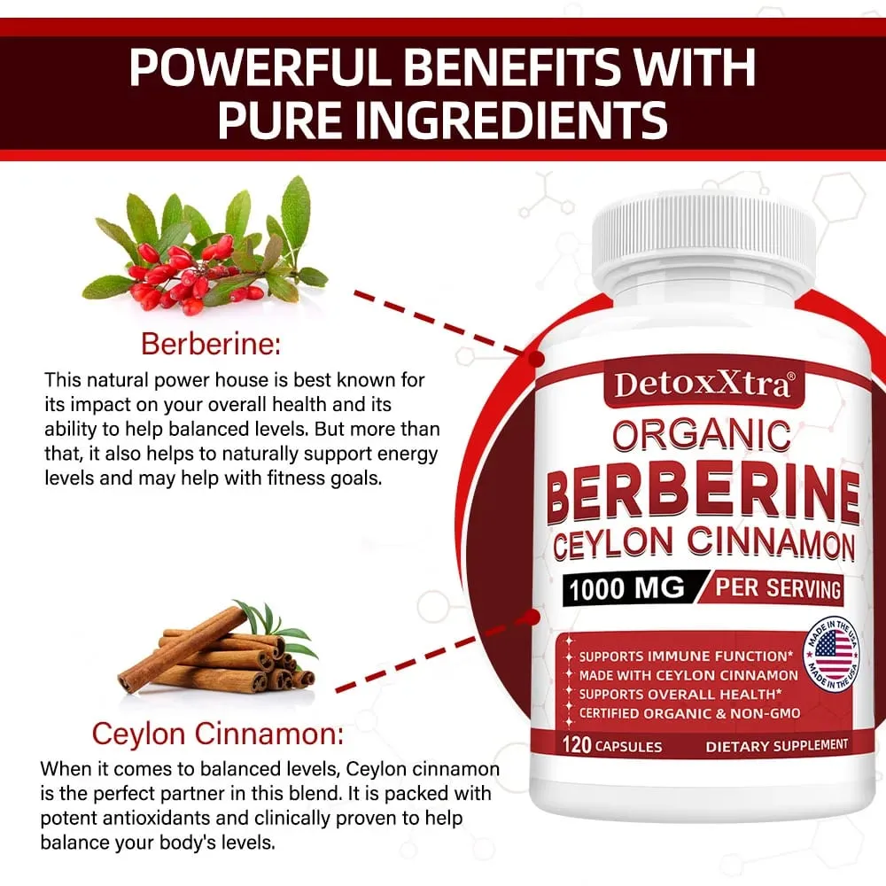 Premium Berberine HCL - Blood Sugar Support Heart Health - Ceylon Cinnamon Berberine HCI Supplement Capsules 1000MG — image 1