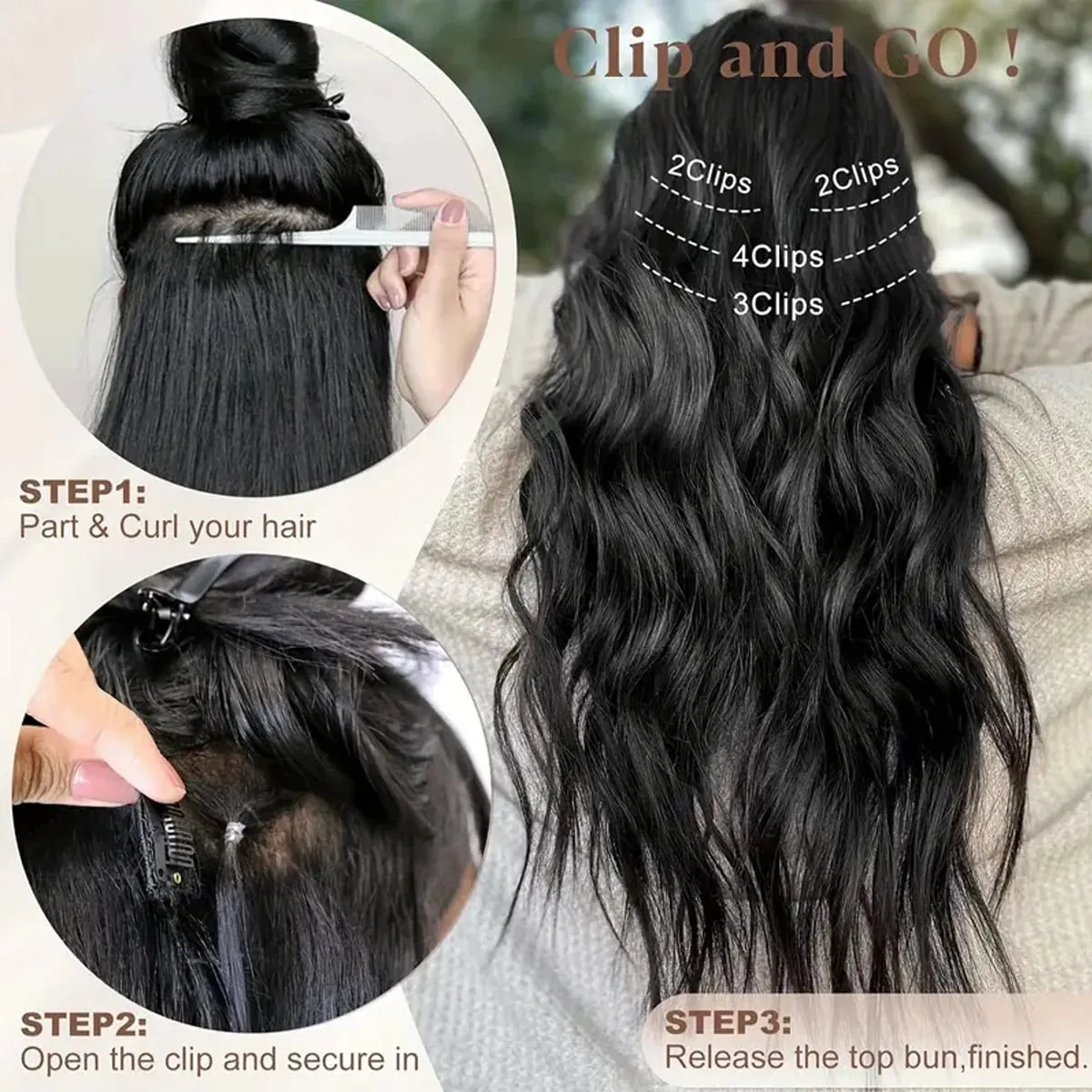 20Inch 5pcs/set Synthetic Hair Extension Long Curly Heat Resistant Black Hairpiece for Women
