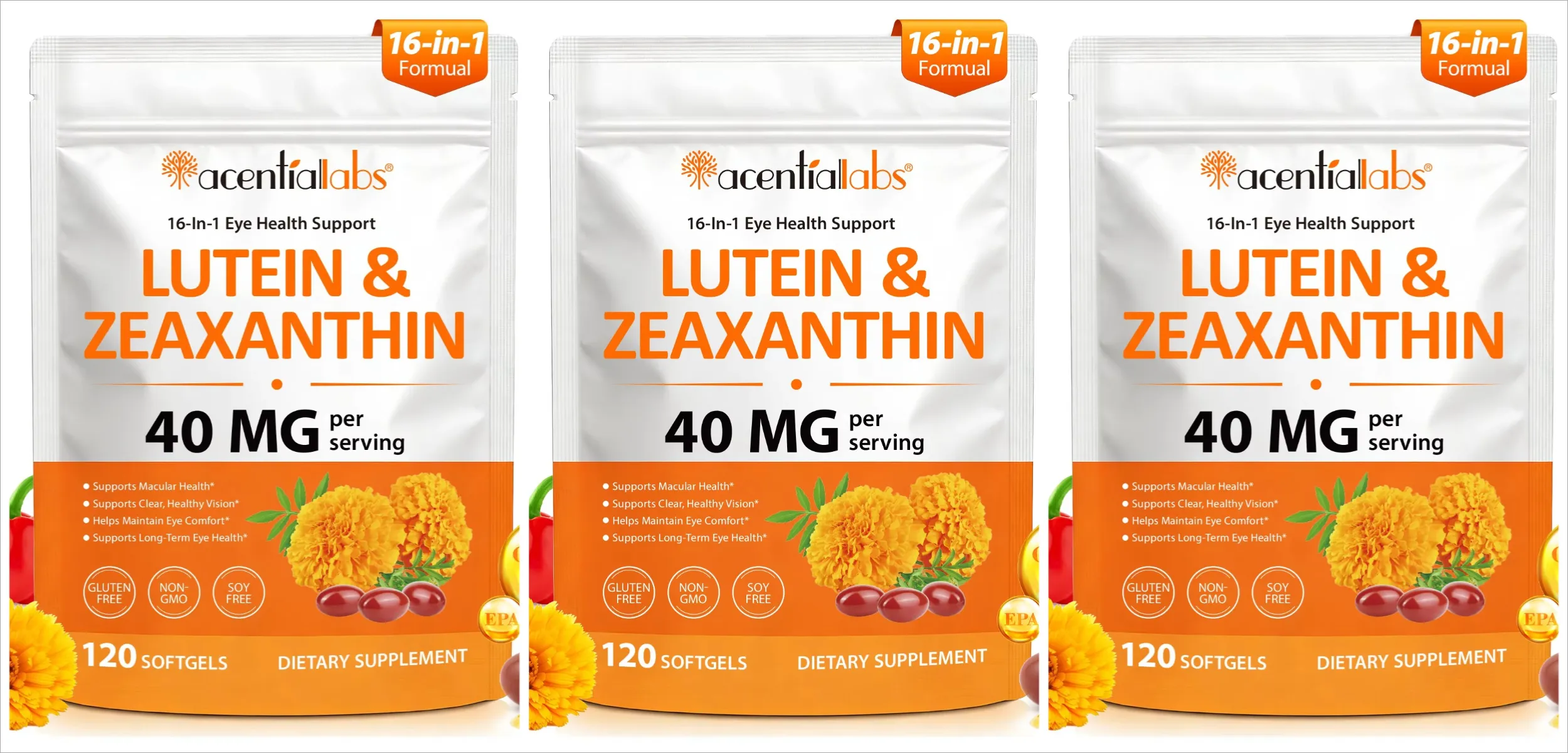 Acentiallabs Lutein Zeaxanthin Softgels 40mg Lutein & 8mg Zeaxanthin 120 นับตัวกรองแสงสีฟ้า Macular Protection Eye Care — image 9