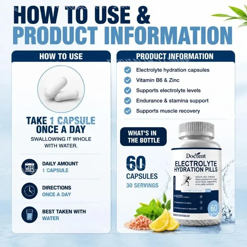 Electrolyte Hydration Capsules with Vitamin B6 & Zinc for Hydration Endurance & Muscle Recovery Support 60 Capsules — image 6