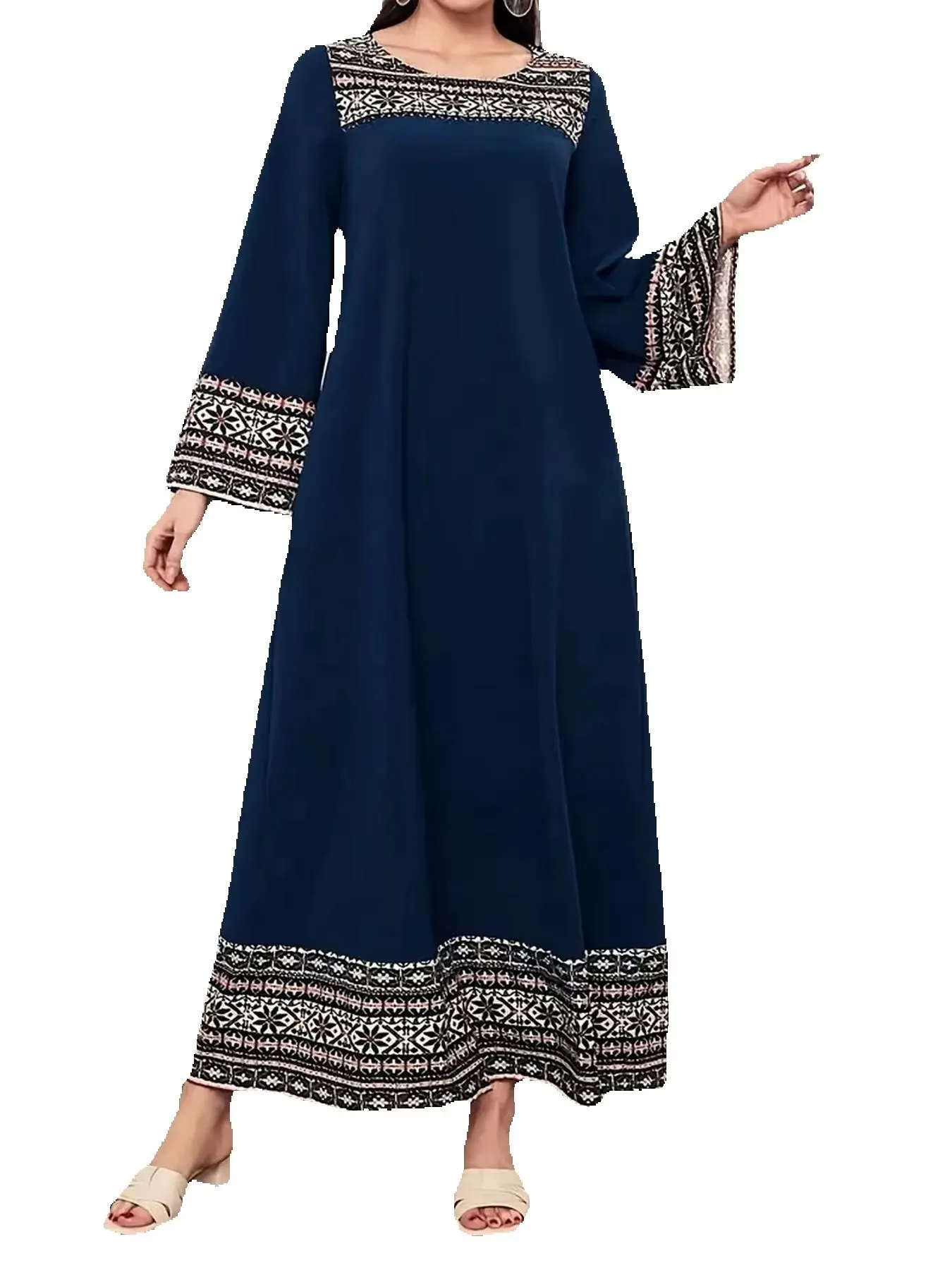 Spring and summer elegant casual retro style geometric print round neck long sleeved loose dress long skirt — image 2
