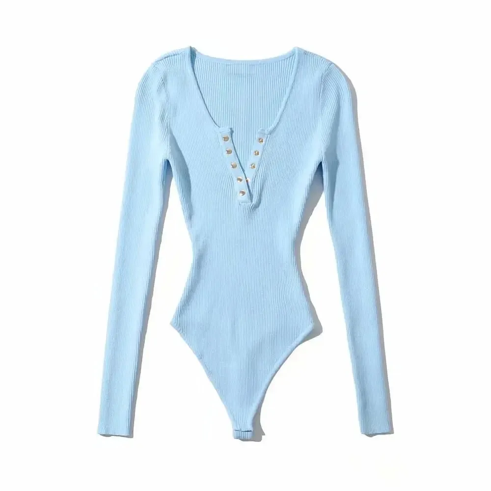 Long Sleeve Gold Button Detail Slim Fit V-Neck Bodysuit Sexy Elegant Wear Spring Autumn Women's Trendy Ribbed Knit Bodysui — image 14