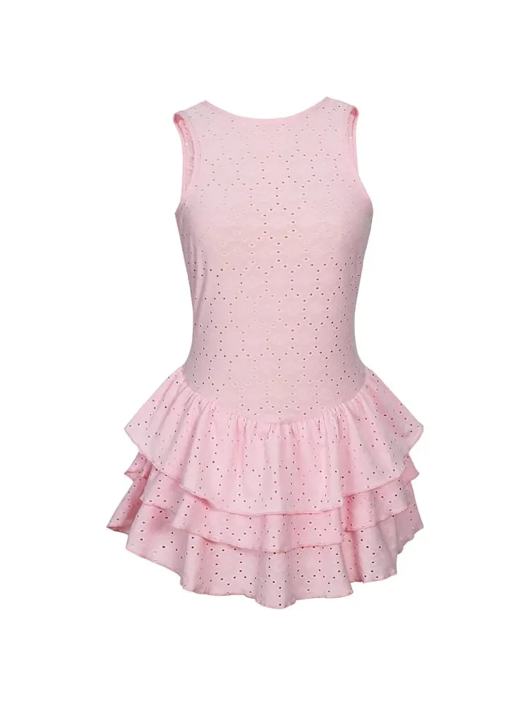 Summer 2026 New Arrival: Women's Solid-Color Floral-Printed Embroidered Ruffled-Hem Sleeveless Mini Dress — image 2
