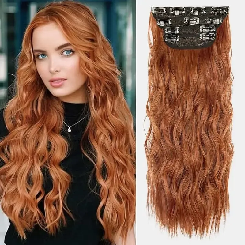 Black 20 Inch 4pcs Thick Hairpieces Long Wavy Natural Synthetic Clip in Hair Extensions for Women