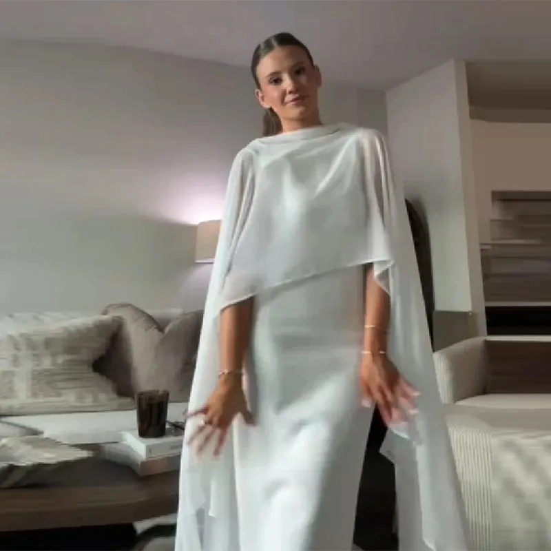 Stylish White Shawl Slim Fit Maxi Dress Women Elegant Cape Sleeve Round Neck Bodycon Vestido 2026 Lady Summer Chic Party Robes — image 6